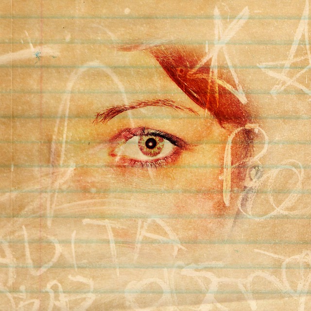 An artistic picture with a womans eye and half her face overlaid with white scribbled drawings of stars